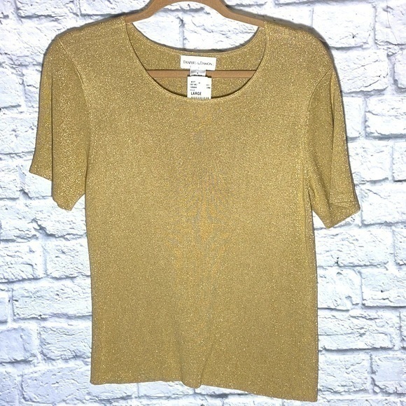 Vintage Drapers & Damons Gold Metallic Stretch Round Scoop Neck Short Sleeve Top - Picture 1 of 5